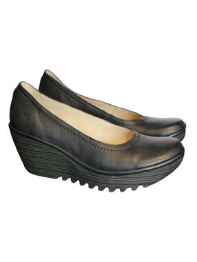 Fly London Yoni Black Wedge Shoes Leather Academia Preppy Size 40 US 9-9.5 NEW